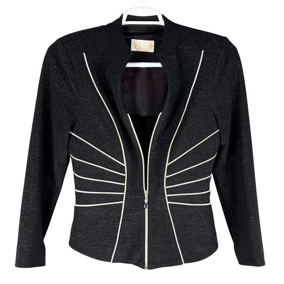 Caché Womens S Black Zip Up Blazer Silver Piping Structured Fit Career Office - Picture 2 of 15